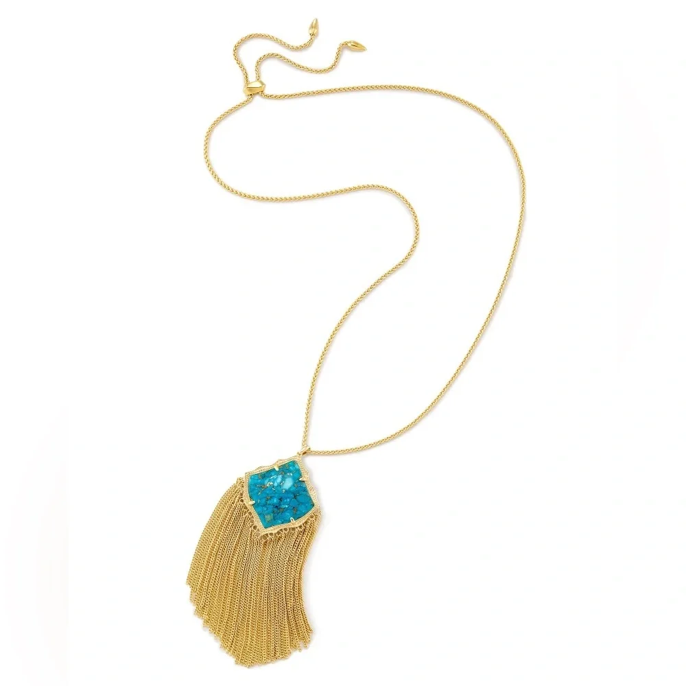 KENDRA SCOTT Kingston Gold Necklace w Turquoise  Stone Tassel Chain Pendant - Picture 7 of 12